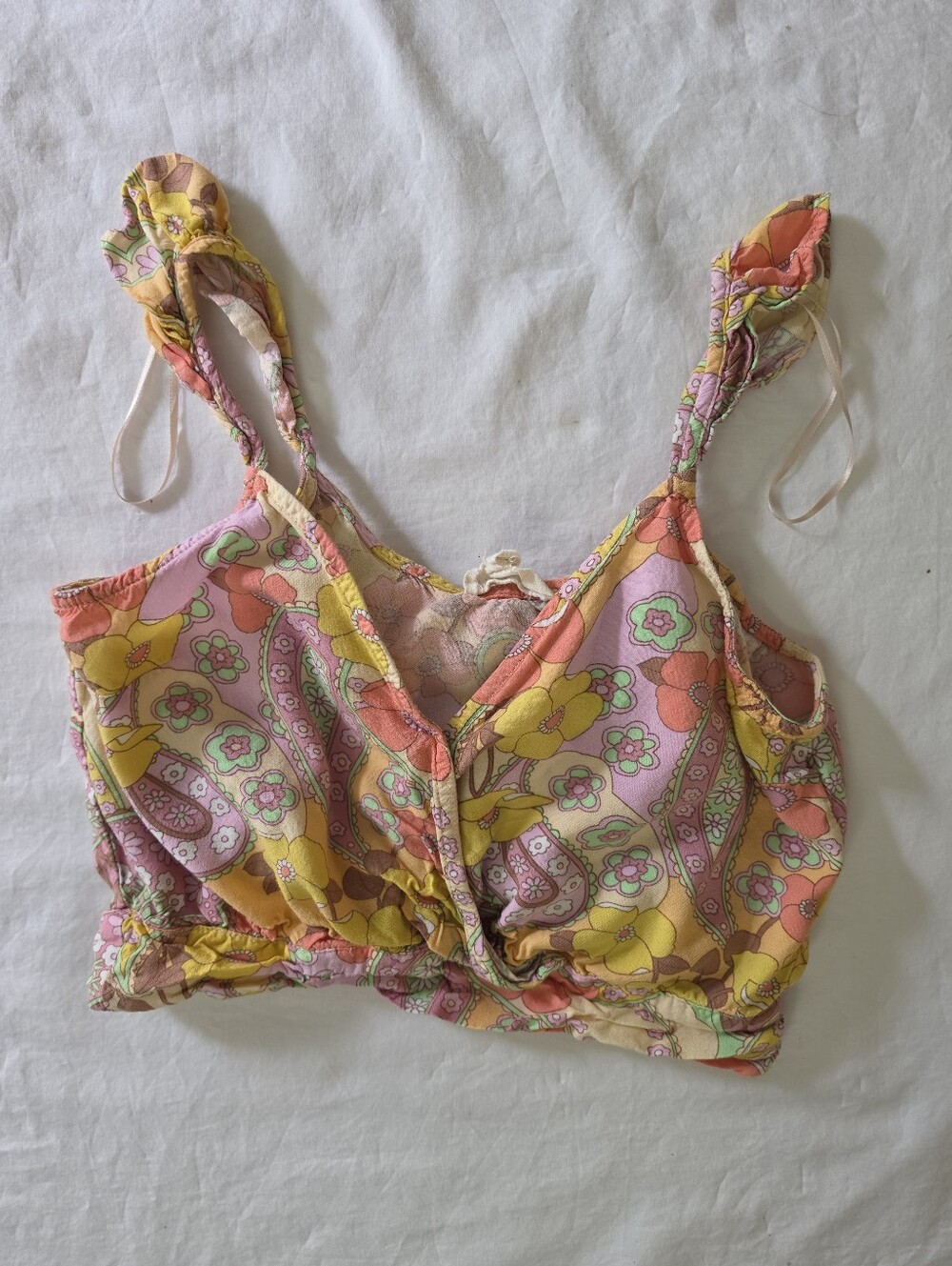 Meraki Retro 70s Groovy Floral Crop Top XS Psychedelic Paisley Tie Back Boho
